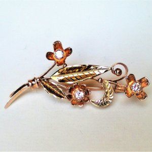 Vintage Russian 14K 583 Rose Pink Yellow Gold Bouquet Flowers CZ Brooch Pin